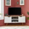 Meuble Tv D'angle LYNA Blanc Et Effet Chêne 2 Portes 115cm