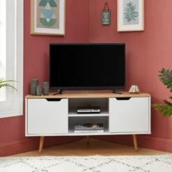 Meuble Tv D'angle LYNA Blanc Et Effet Chêne 2 Portes 115cm