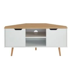 Meuble Tv D'angle LYNA Blanc Et Effet Chêne 2 Portes 115cm -Maison Jardin Élégance lynamtvblch meuble tv bl chene 3