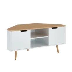 Meuble Tv D'angle LYNA Blanc Et Effet Chêne 2 Portes 115cm -Maison Jardin Élégance lynamtvblch meuble tv bl chene 4