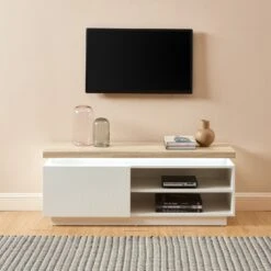 Meuble Tv à Led COSMOS Laqué Blanc Et Effet Chêne L120cm