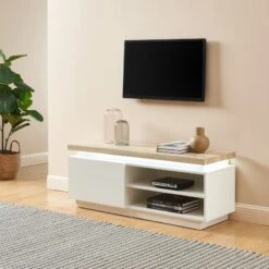 Meuble Tv à Led COSMOS Laqué Blanc Et Effet Chêne L120cm -Maison Jardin Élégance meuble tv a led cosmos laque blanc et effet chene l120cm 3