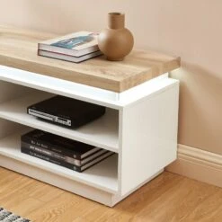 Meuble Tv à Led COSMOS Laqué Blanc Et Effet Chêne L120cm -Maison Jardin Élégance meuble tv a led cosmos laque blanc et effet chene l120cm 4