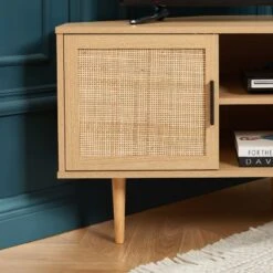 Meuble Tv D'angle AMANA Effet Chêne Et Cannage Rotin 2 Portes -Maison Jardin Élégance meuble tv d angle amana effet chene et cannage rotin 2 portes 3