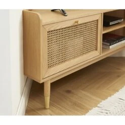 Meuble TV D'angle LEON Placage Chêne Et Cannage Rotin 120cm -Maison Jardin Élégance meuble tv d angle leon placage chene et cannage rotin 120cm 2