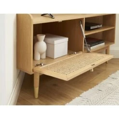 Meuble TV D'angle LEON Placage Chêne Et Cannage Rotin 120cm -Maison Jardin Élégance meuble tv d angle leon placage chene et cannage rotin 120cm 3