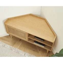 Meuble TV D'angle LEON Placage Chêne Et Cannage Rotin 120cm -Maison Jardin Élégance meuble tv d angle leon placage chene et cannage rotin 120cm 4