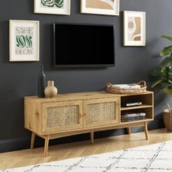 Meuble Tv INES Effet Chêne Et Cannage Rotin L140cm -Maison Jardin Élégance meuble tv ines effet chene et cannage rotin l140cm 2