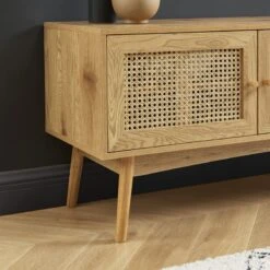 Meuble Tv INES Effet Chêne Et Cannage Rotin L140cm -Maison Jardin Élégance meuble tv ines effet chene et cannage rotin l140cm 3