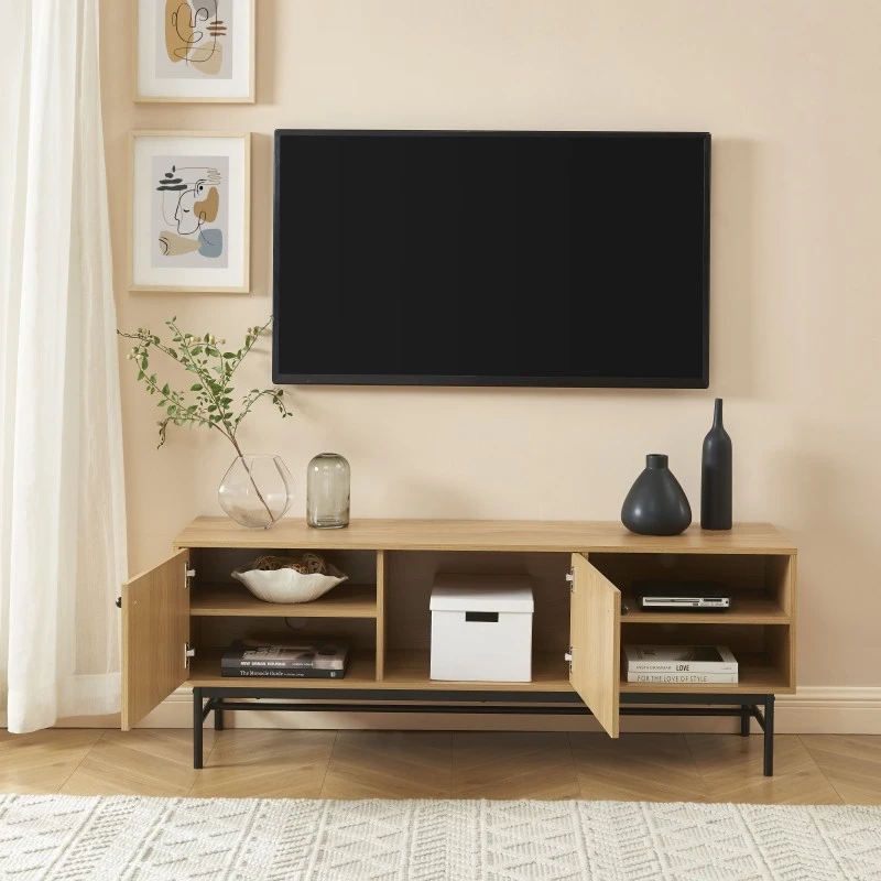 Meuble Tv JAMES Effet Chêne Pieds Métal Noir 150cm 4 Meuble Tv JAMES Effet Chêne Pieds Métal Noir 150cm – Image 4