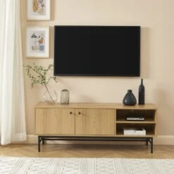 Meuble Tv JAMES Effet Chêne Pieds Métal Noir 150cm