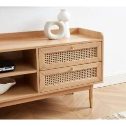 Meuble Tv LEON Chêne Et Cannage Rotin 160cm -Maison Jardin Élégance meuble tv leon bois et cannage naturel 1 porte et 2 tiroirs l160cm 2