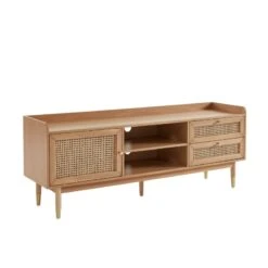 Meuble Tv LEON Chêne Et Cannage Rotin 160cm -Maison Jardin Élégance meuble tv leon bois et cannage naturel 1 porte et 2 tiroirs l160cm 4