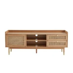 Meuble Tv LEON Chêne Et Cannage Rotin 160cm -Maison Jardin Élégance meuble tv leon bois et cannage naturel 1 porte et 2 tiroirs l160cm 5