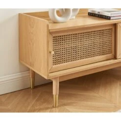 Meuble TV LEON Placage Chêne Et Cannage Rotin 120cm -Maison Jardin Élégance meuble tv leon placage chene et cannage rotin 120cm 2