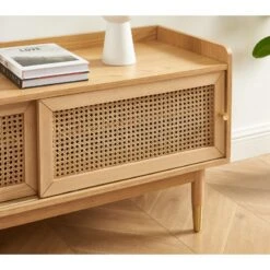 Meuble TV LEON Placage Chêne Et Cannage Rotin 120cm -Maison Jardin Élégance meuble tv leon placage chene et cannage rotin 120cm 3