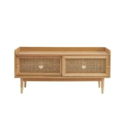 Meuble TV LEON Placage Chêne Et Cannage Rotin 120cm -Maison Jardin Élégance meuble tv leon placage chene et cannage rotin 120cm 4