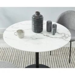 Table Ronde MONIKA Verre Effet Marbre Ronde 90cm Pied Noir -Maison Jardin Élégance monika table de sejour 90 cm 2