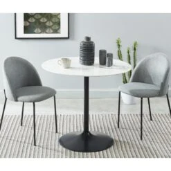 Table Ronde MONIKA Verre Effet Marbre Ronde 90cm Pied Noir