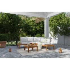 Salon De Jardin AUGUSTA En Bois D’acacia 5 Places Coussins Gris Clair