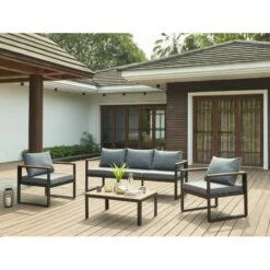 Salon De Jardin ELONA 5 Places En Aluminium Coloris Gris Foncé Avec Housse