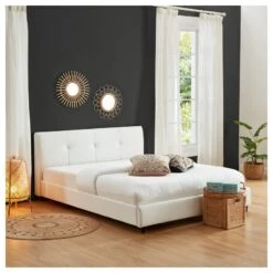 Lit SEGURA Simili Blanc 140x190 Sommier Inclus