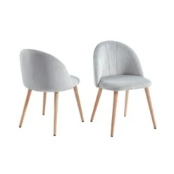 Lot De 2 Chaises SHELL Velours Gris Clair Pieds Bois Massif -Maison Jardin Élégance shell 2 chaises velours gris 2