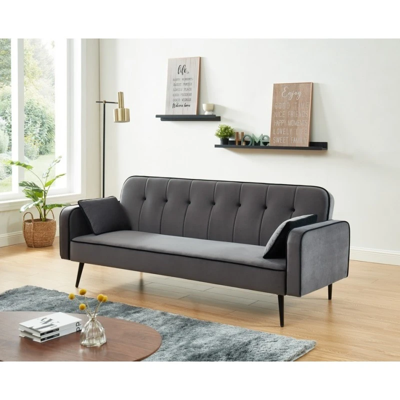 Canapé Convertible SWEETY Droit En Velours Gris Pieds Métal Noir Et 2 Coussins 1 Canapé Convertible SWEETY Droit En Velours Gris Pieds Métal Noir Et 2 Coussins