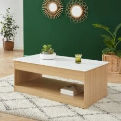 Table Basse AMOS Blanc Et Effet Chêne Plateau Revelable -Maison Jardin Élégance table basse amos decor bois et blanc plateau relevable l110cm 2
