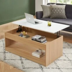 Table Basse AMOS Blanc Et Effet Chêne Plateau Revelable