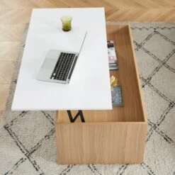 Table Basse AMOS Blanc Et Effet Chêne Plateau Revelable -Maison Jardin Élégance table basse amos decor bois et blanc plateau relevable l110cm 3