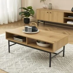 Table Basse JAMES Effet Chêne Pieds Métal Noir