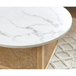Table Basse LEON Effet Marbre Et Cannage Rotin 80cm -Maison Jardin Élégance table basse leon effet marbre et cannage rotin 80cm 2