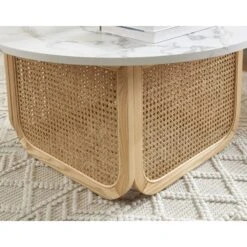 Table Basse LEON Effet Marbre Et Cannage Rotin 80cm -Maison Jardin Élégance table basse leon effet marbre et cannage rotin 80cm 3