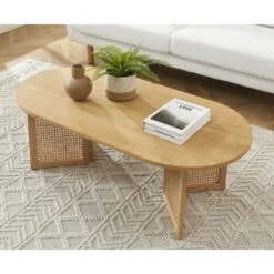 Table Basse LEON Placage Chêne Et Cannage Rotin 120cm -Maison Jardin Élégance table basse leon placage chene et cannage rotin 120cm 1