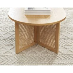 Table Basse LEON Placage Chêne Et Cannage Rotin 120cm -Maison Jardin Élégance table basse leon placage chene et cannage rotin 120cm 2