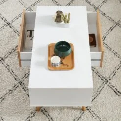 Table Basse UTAH Blanc Et Effet Bois 90cm -Maison Jardin Élégance table basse utah decor bois et blanc 2 tiroirs et 1 niche l90cm 2