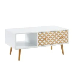 Table Basse UTAH Blanc Et Effet Bois 90cm -Maison Jardin Élégance table basse utah decor bois et blanc 2 tiroirs et 1 niche l90cm 4