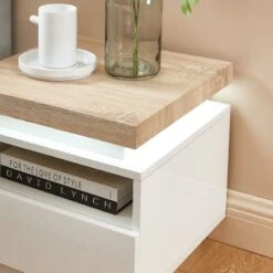 Table De Chevet à Led COSMOS Laqué Blanc Et Effet Chêne 1 Tiroir -Maison Jardin Élégance table de chevet a led cosmos laque blanc et effet chene 1 tiroir 3