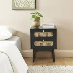 Table De Chevet ANATOLE Noir Et Cannage Rotin
