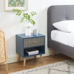 Table De Chevet CAPUCINE Bleu Pétrole Et Effet Chêne 40cm -Maison Jardin Élégance table de chevet capucine coloris bleu et bois l40cm 1