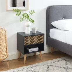 Table De Chevet CAPUCINE Noir Et Effet Chêne 40cm -Maison Jardin Élégance table de chevet capucine coloris noir et bois l40cm 1