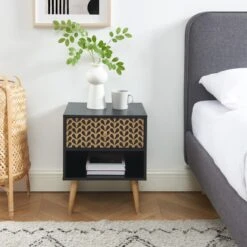 Table De Chevet CAPUCINE Noir Et Effet Chêne 40cm