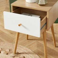 Table De Chevet HORTENSE Blanc Et Effet Chêne 40cm -Maison Jardin Élégance table de chevet hortense blanc et effet chene 40cm 2