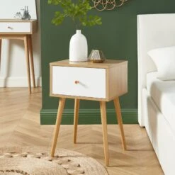 Table De Chevet HORTENSE Blanc Et Effet Chêne 40cm