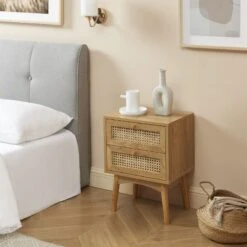 Table De Chevet INES Effet Chêne Et Cannage Rotin 2 Tiroirs -Maison Jardin Élégance table de chevet ines effet chene et cannage rotin 2 tiroirs 1