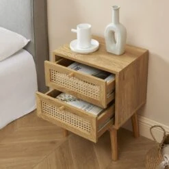 Table De Chevet INES Effet Chêne Et Cannage Rotin 2 Tiroirs -Maison Jardin Élégance table de chevet ines effet chene et cannage rotin 2 tiroirs 2