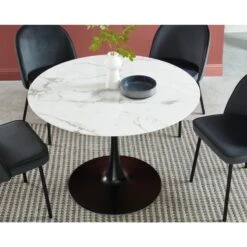 Table De Séjour MONIKA Verre Effet Marbre Ronde 110cm Pied Noir -Maison Jardin Élégance table de sejour monika 110cm verre trempe effet marbre pied en metal noir 2
