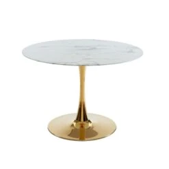 Table Séjour MONIKA Verre Effet Marbre Ronde 110cm Pied Doré -Maison Jardin Élégance table sejour monika or 110cm verre trempe effet marbre pied en metal dore 2