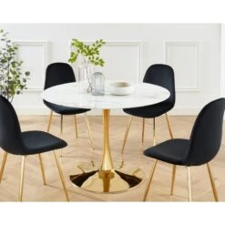 Table Séjour MONIKA Verre Effet Marbre Ronde 110cm Pied Doré